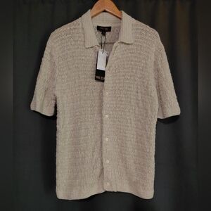 Truth Beige Men's Short Sleeve Crochet Knit Button Up Top NWT